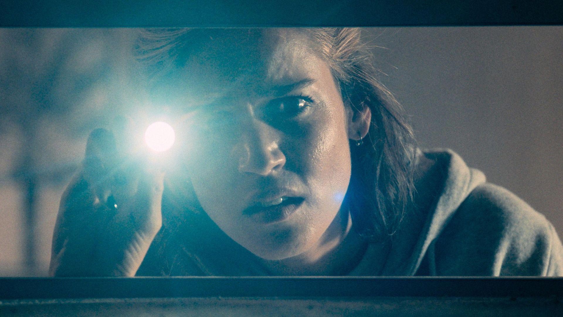 Serena uses a flash light to look through a window.