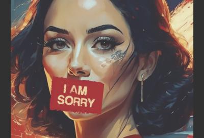 A Girl's Face with a patch covering her lips which says' I Am Sorry'