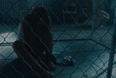 A woman sits in cage, silhouetted by the moon light.